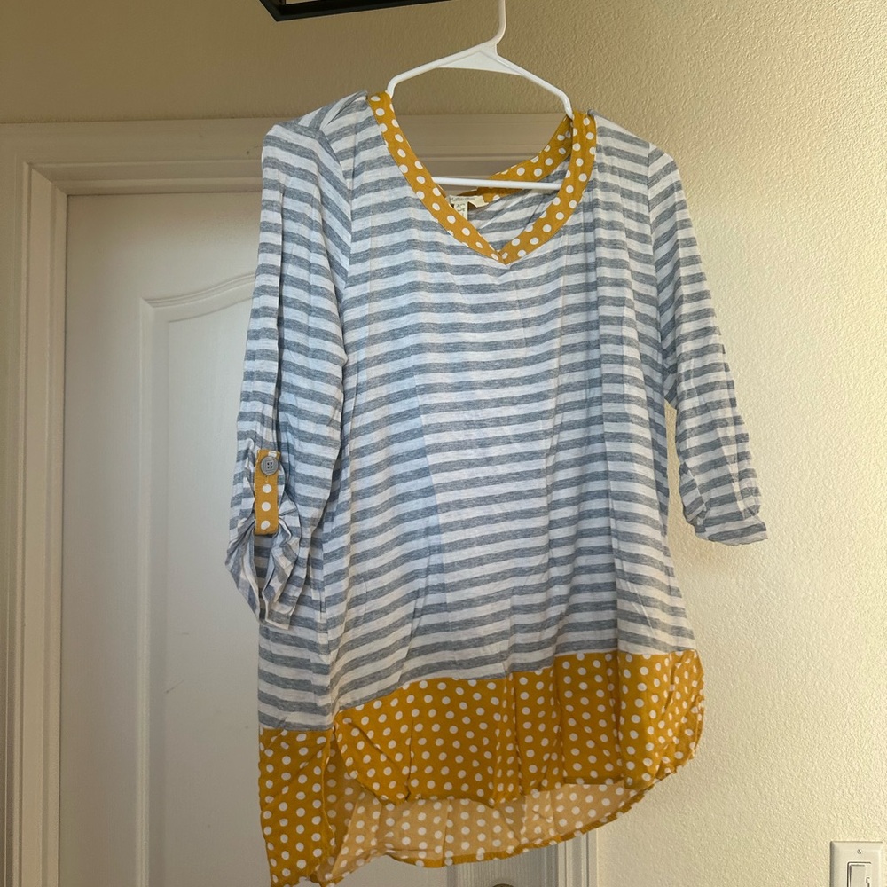 Matilda Jane Gray Striped Top with Yellow Polka Dot Trim